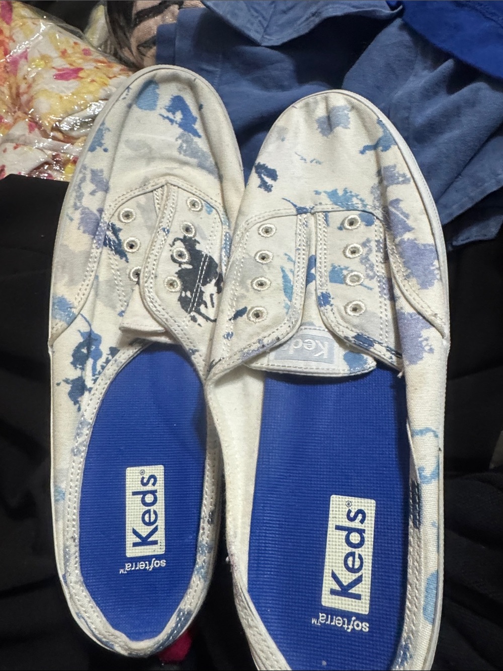 Keds White Canvas Sneakers with Blue Tie-Dye Accents